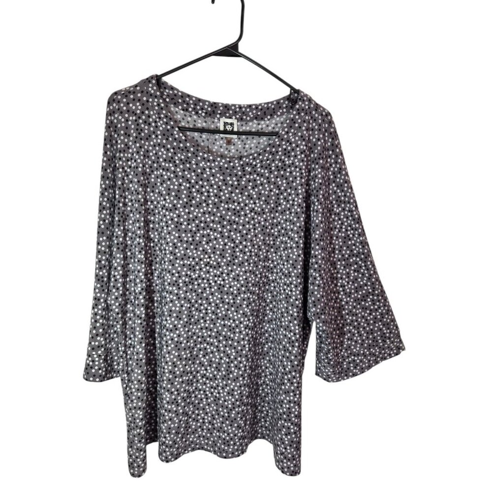 Anne Klein Black Gray White Spotted 3/4-Sleeve Career/Dressy Blouse Top Stretch
